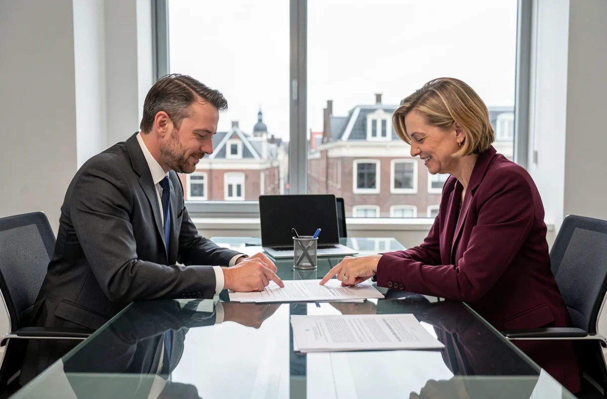 Twee zakelijke professionals bespreken contractonderdelen in een moderne vergaderruimte