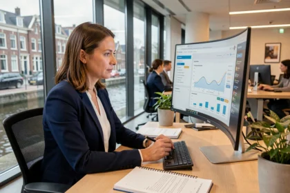 Professionele vrouw werkt aan digitale transformatiedashboards in een modern Amsterdams kantoor