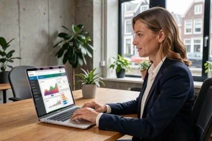 Vrouw werkt aan een e-mailmarketingcampagne op laptop in modern Nederlands kantoor met analytische dashboards