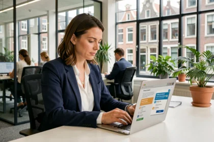 Vrouw in kantoor bekijkt GDPR-privacybeleid op laptop met cookiemeldingen en AVG-nalevingsdashboard
