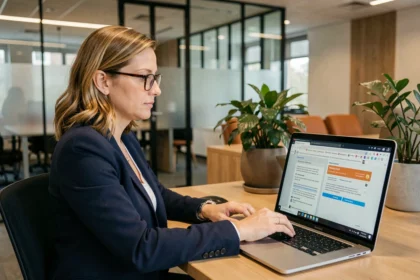 Vrouw in kantoor bekijkt privacywetgeving en AVG-documenten op laptop in Nederland