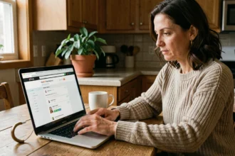 Vrouw bekijkt retourbeleid op laptop tijdens online winkelen in de keuken