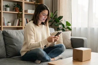 Vrouw shopt online via smartphone op de bank met een bezorgpakketje naast haar in een modern Scandinavisch interieur