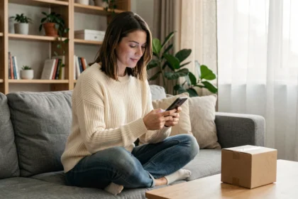 Vrouw shopt online via smartphone op de bank met een bezorgpakketje naast haar in een modern Scandinavisch interieur