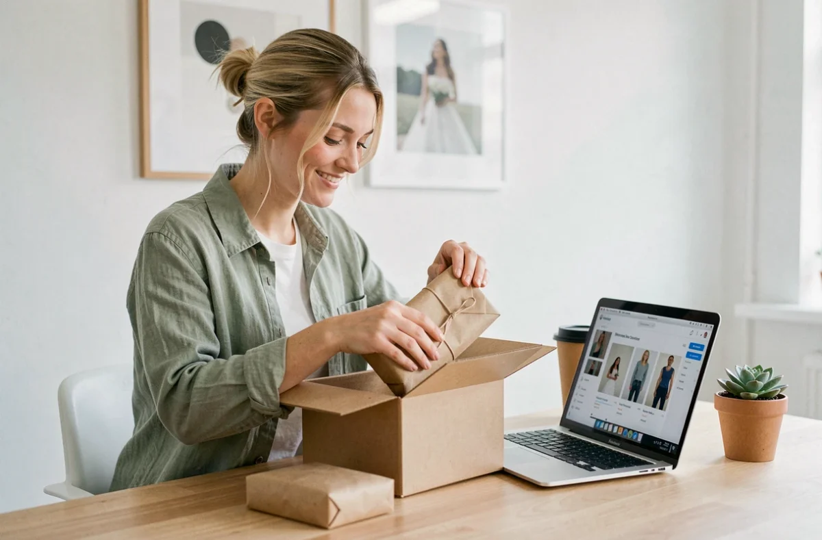 Jonge vrouw unboxt een online bestelling aan haar thuiswerkplek met laptop en webshop open