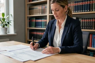 Vrouwelijke advocaat controleert een contract in een Nederlands juridisch kantoor