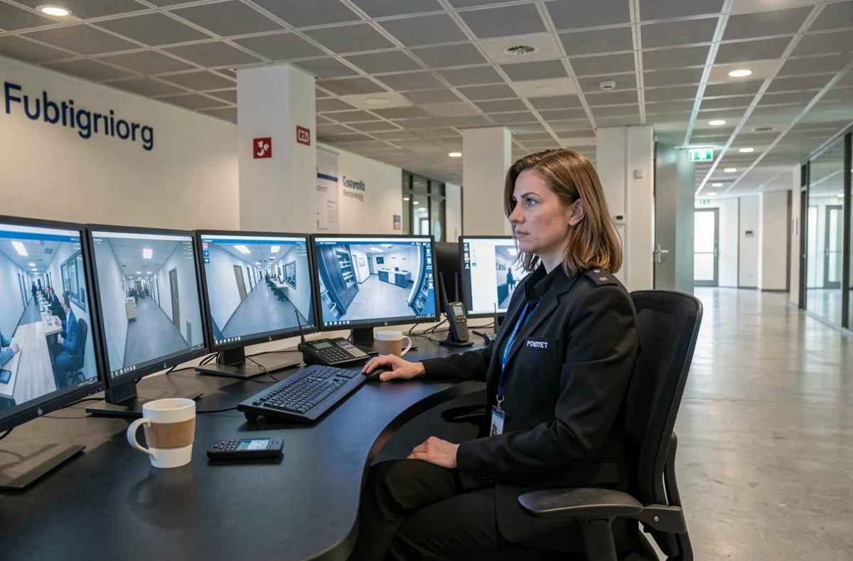 Vrouwelijke beveiliger bewaakt CCTV-monitoren op een moderne beveiligingspost in een Nederlands bedrijfsgebouw