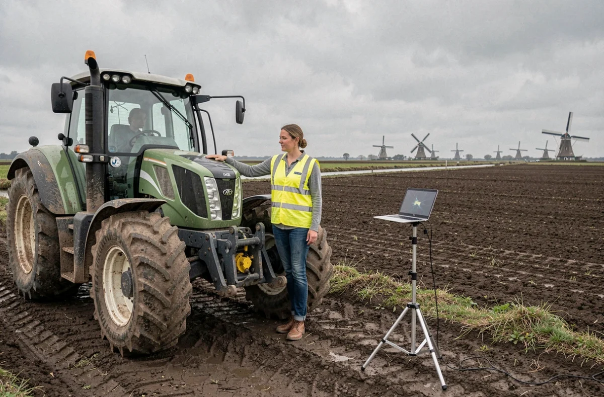 Vrouwelijke landbouwingenieurs bij een autonome tractor op een Nederlands polderveld in de herfst