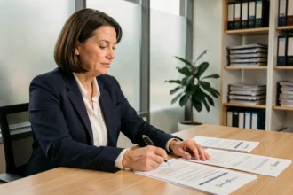 Vrouwelijke ondernemer bekijkt juridische documenten voor bedrijfsregistratie in Nederland aan een modern kantoorbureau