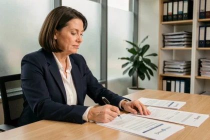 Vrouwelijke ondernemer bekijkt juridische documenten voor bedrijfsregistratie in Nederland aan een modern kantoorbureau