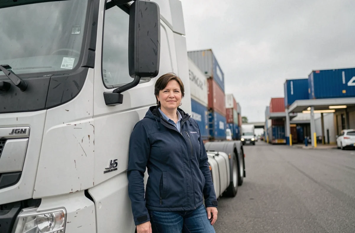 Vrouwelijke vrachtwagenchauffeur bij een Nederlands vrachtdepot