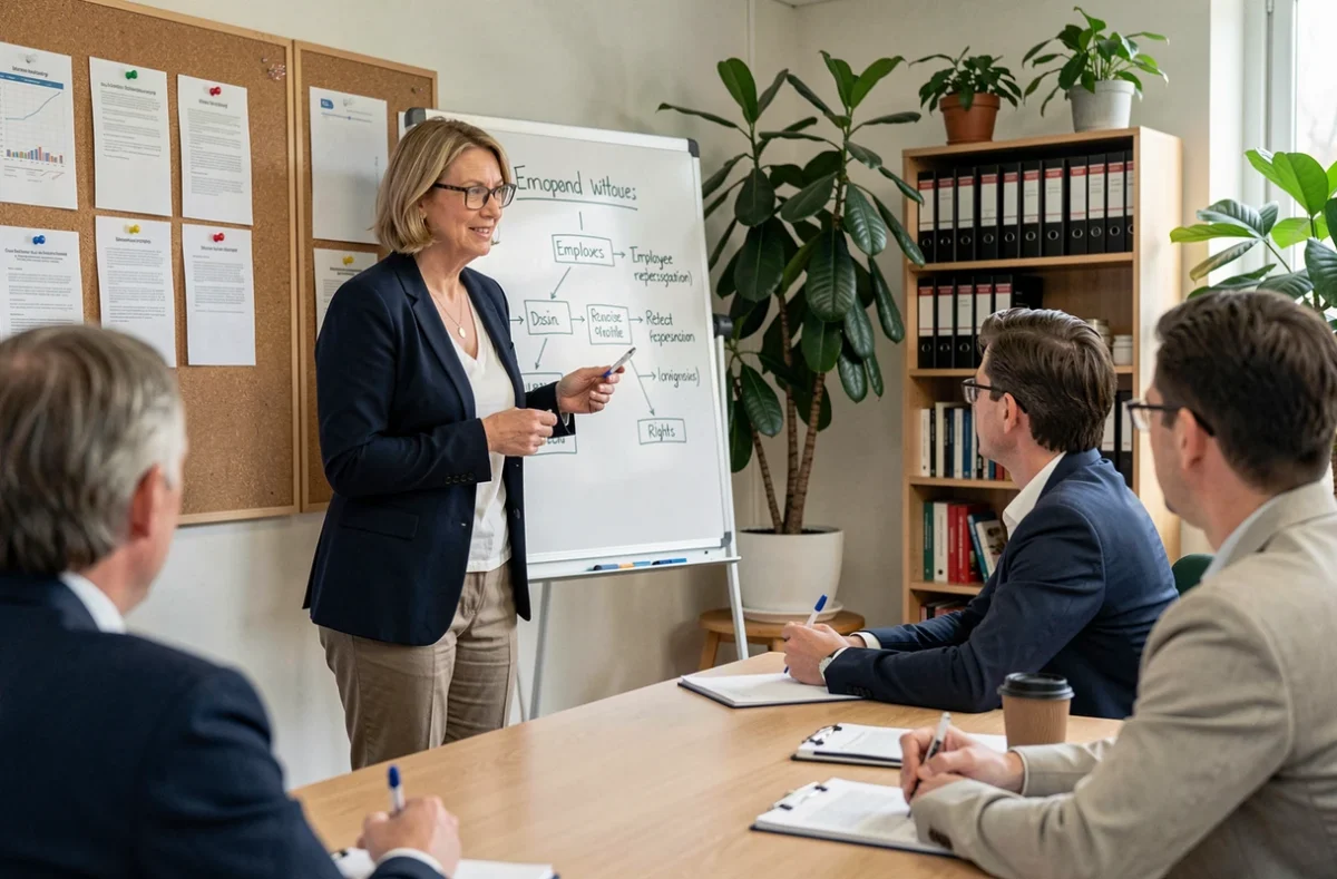 Een presentatie over de Wet op de ondernemingsraden gegeven aan medewerkers in een Nederlandse vergaderruimte