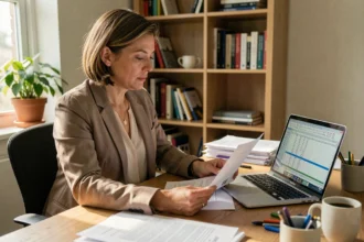 Zelfstandige vrouw bekijkt nieuwe ZZP-wetgeving op laptop en papieren documenten aan een houten bureau in een thuiskantoor