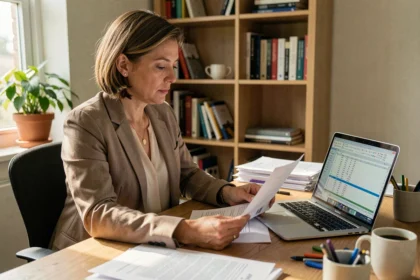 Zelfstandige vrouw bekijkt nieuwe ZZP-wetgeving op laptop en papieren documenten aan een houten bureau in een thuiskantoor