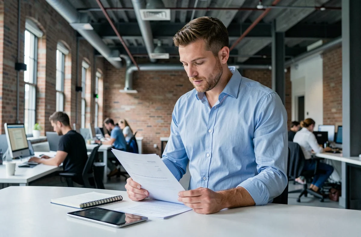 Mannelijke ZZP'er leest officiële documenten over nieuwe freelancewetgeving in een moderne coworkingruimte